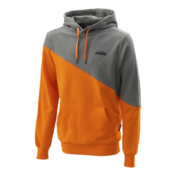 Eleva tu estilo con el Polerón Diagonal Hoodie KTM: fusión de gris y naranjo, diseño dinámico con logo KTM. Moda y pasión en cada detalle.