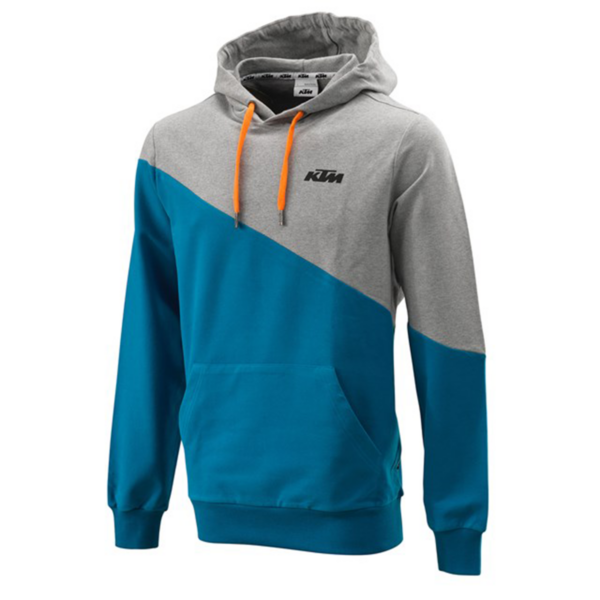 Sudadera diagonal azul KTM: Estilo audaz y comodidad excepcional. Logotipo KTM, flechas READY TO RACE y detalles únicos para un look inigualable.